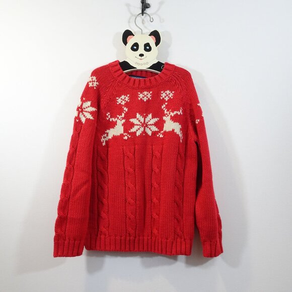 Lands' End Cotton Reindeer Sweater Size M Red White Holiday Christmas NEW - Picture 1 of 6